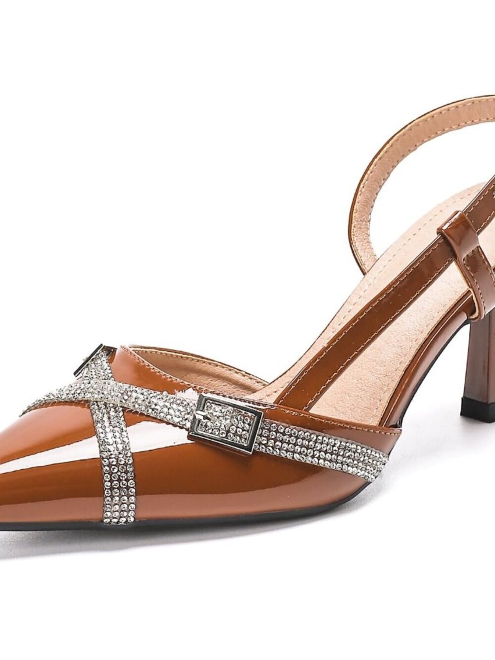 Women's Brown Slingback Kitten Heels Rhinestone Pumps Buckle Strap Sandals Shoes